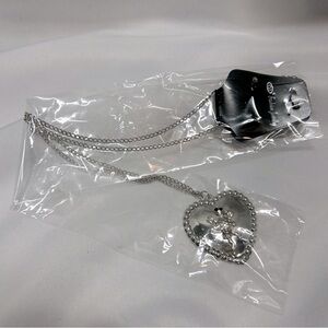 NWT Turtle Heart Necklace With Earrings Long Chain Silver Diamonds Jewelry